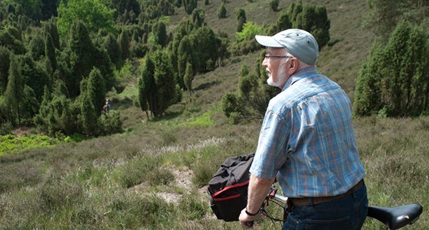 Detailausschnitt Fahrradfahrer mit Blick auf die Heidelandschaft Borsteler Schweiz