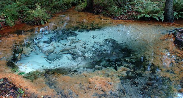 Nahaufnahme Schwindequelle mit rötlichen und türkisfarbenen Ablagerungen